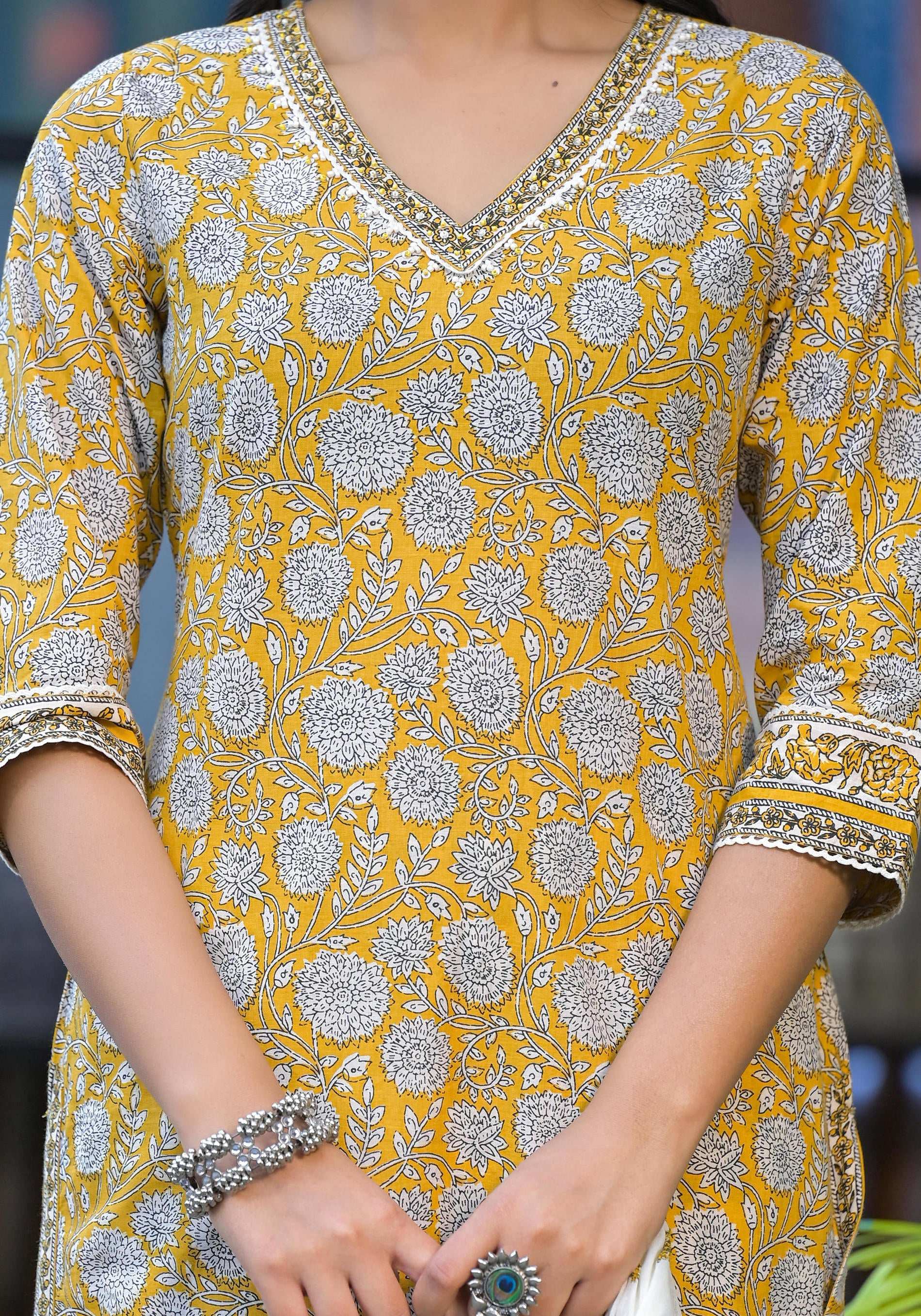 Juniper Mustard Floral Printed Cotton Kurta Pant And Dupatta Set With Lace - Distacart