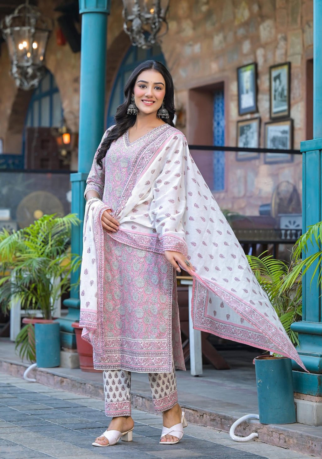 Juniper Pink Floral Printed Cotton Kurta Pant And Dupatta Set With Lace - Distacart