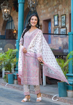 Juniper Pink Floral Printed Cotton Kurta Pant And Dupatta Set With Lace - Distacart