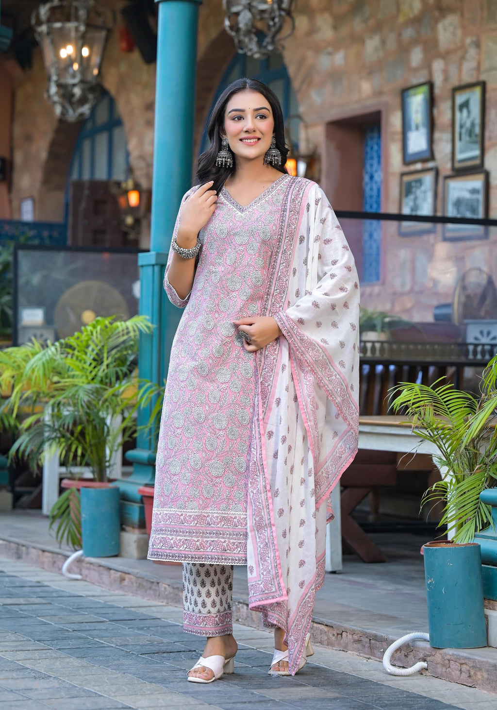 Juniper Pink Floral Printed Cotton Kurta Pant And Dupatta Set With Lace - Distacart