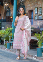 Juniper Pink Floral Printed Cotton Kurta Pant And Dupatta Set With Lace - Distacart