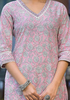 Juniper Pink Floral Printed Cotton Kurta Pant And Dupatta Set With Lace - Distacart