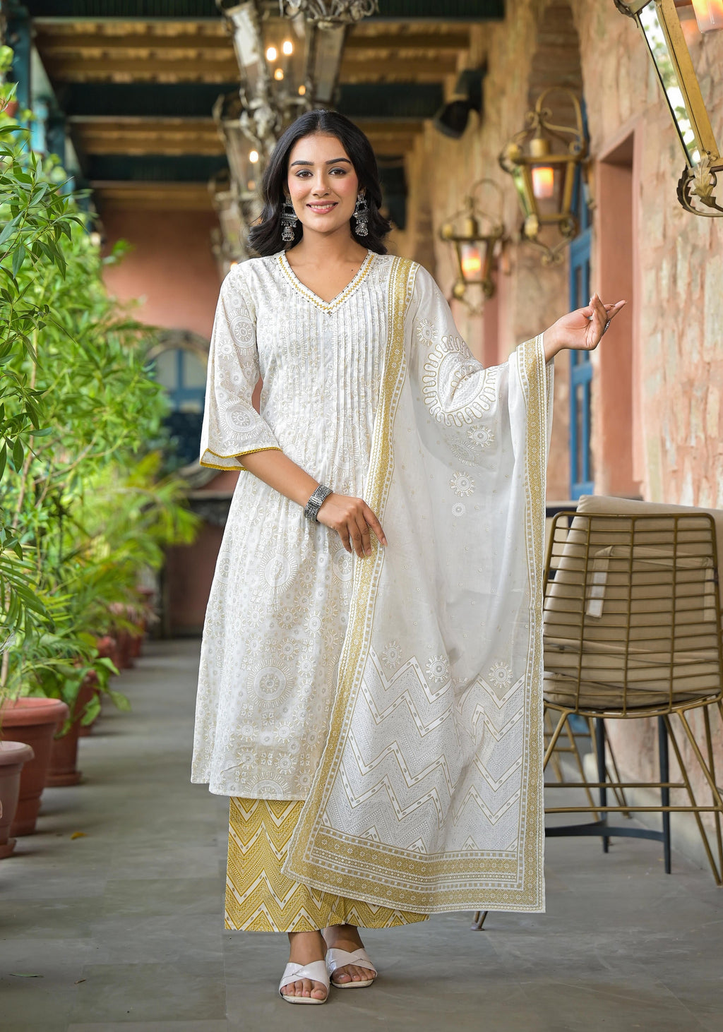 Juniper Off White Abstract Printed Cotton Kurta Pant And Dupatta Set With Sequins & Thread Work - Distacart