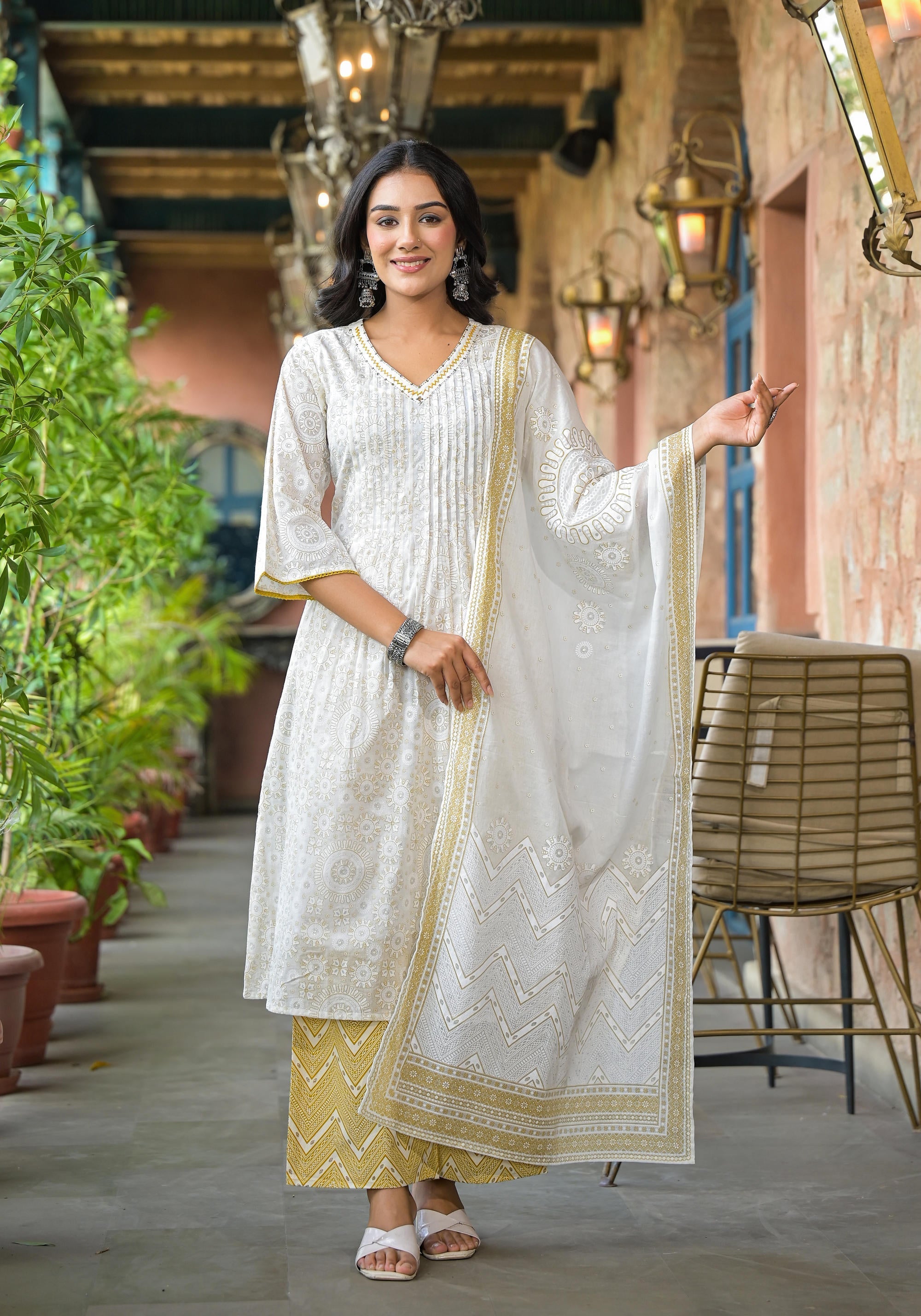 Juniper Off White Abstract Printed Cotton Kurta Pant And Dupatta Set With Sequins & Thread Work - Distacart