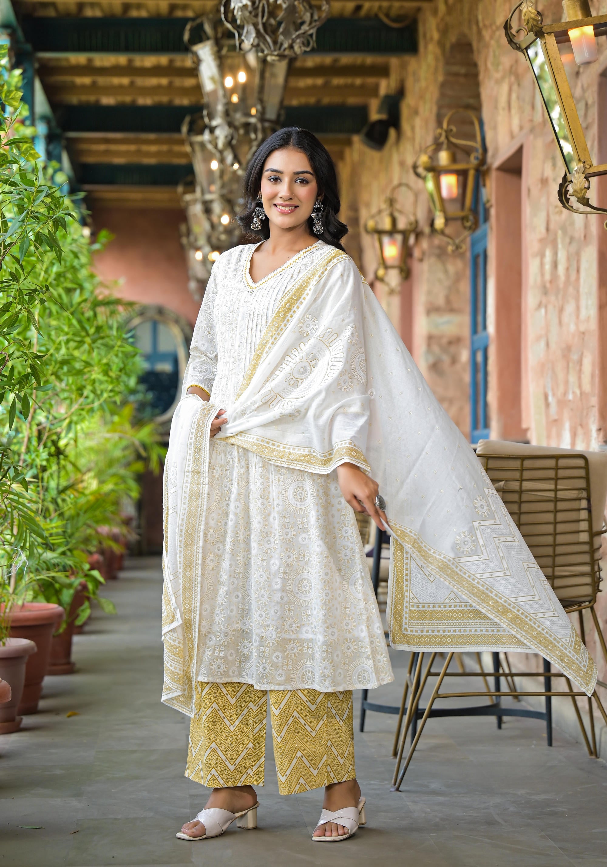 Juniper Off White Abstract Printed Cotton Kurta Pant And Dupatta Set With Sequins & Thread Work - Distacart