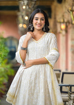Juniper Off White Abstract Printed Cotton Kurta Pant And Dupatta Set With Sequins & Thread Work - Distacart