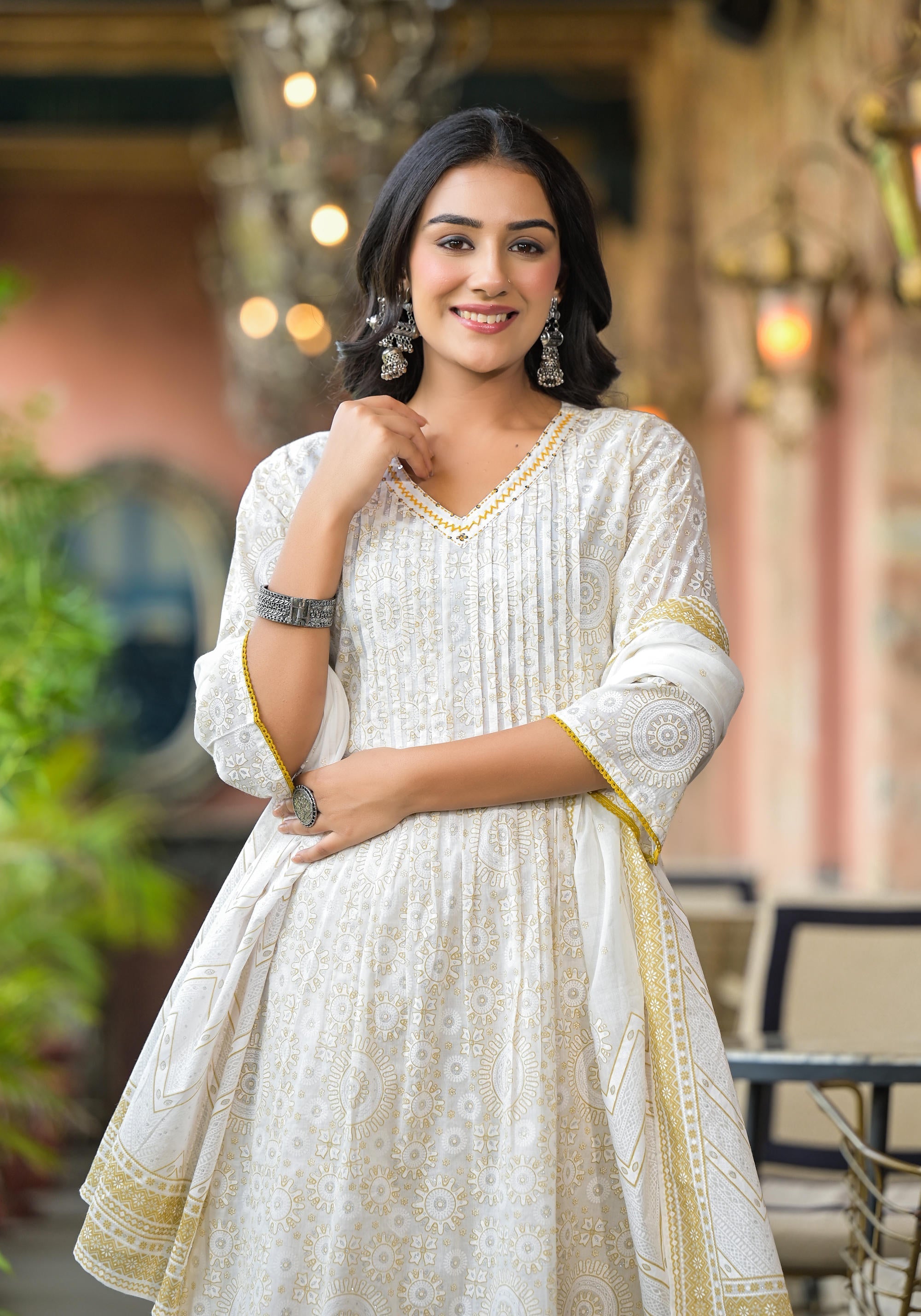 Juniper Off White Abstract Printed Cotton Kurta Pant And Dupatta Set With Sequins & Thread Work - Distacart