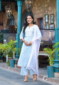Juniper Sky Blue Solid Cotton Kurta Pant And Dupatta Set With Thread Embroidery - Distacart