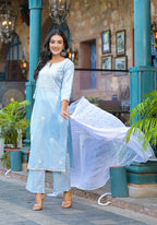 Juniper Sky Blue Solid Cotton Kurta Pant And Dupatta Set With Thread Embroidery - Distacart