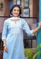 Juniper Sky Blue Solid Cotton Kurta Pant And Dupatta Set With Thread Embroidery - Distacart