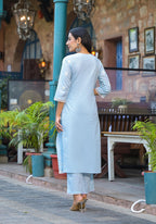 Juniper Sky Blue Solid Cotton Kurta Pant And Dupatta Set With Thread Embroidery - Distacart