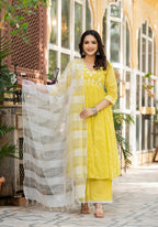 Juniper Lime Solid Cotton Kurta Pant And Dupatta Set With Thread & Mirror Work - Distacart