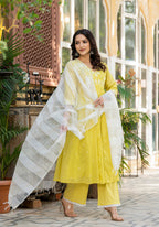 Juniper Lime Solid Cotton Kurta Pant And Dupatta Set With Thread & Mirror Work - Distacart