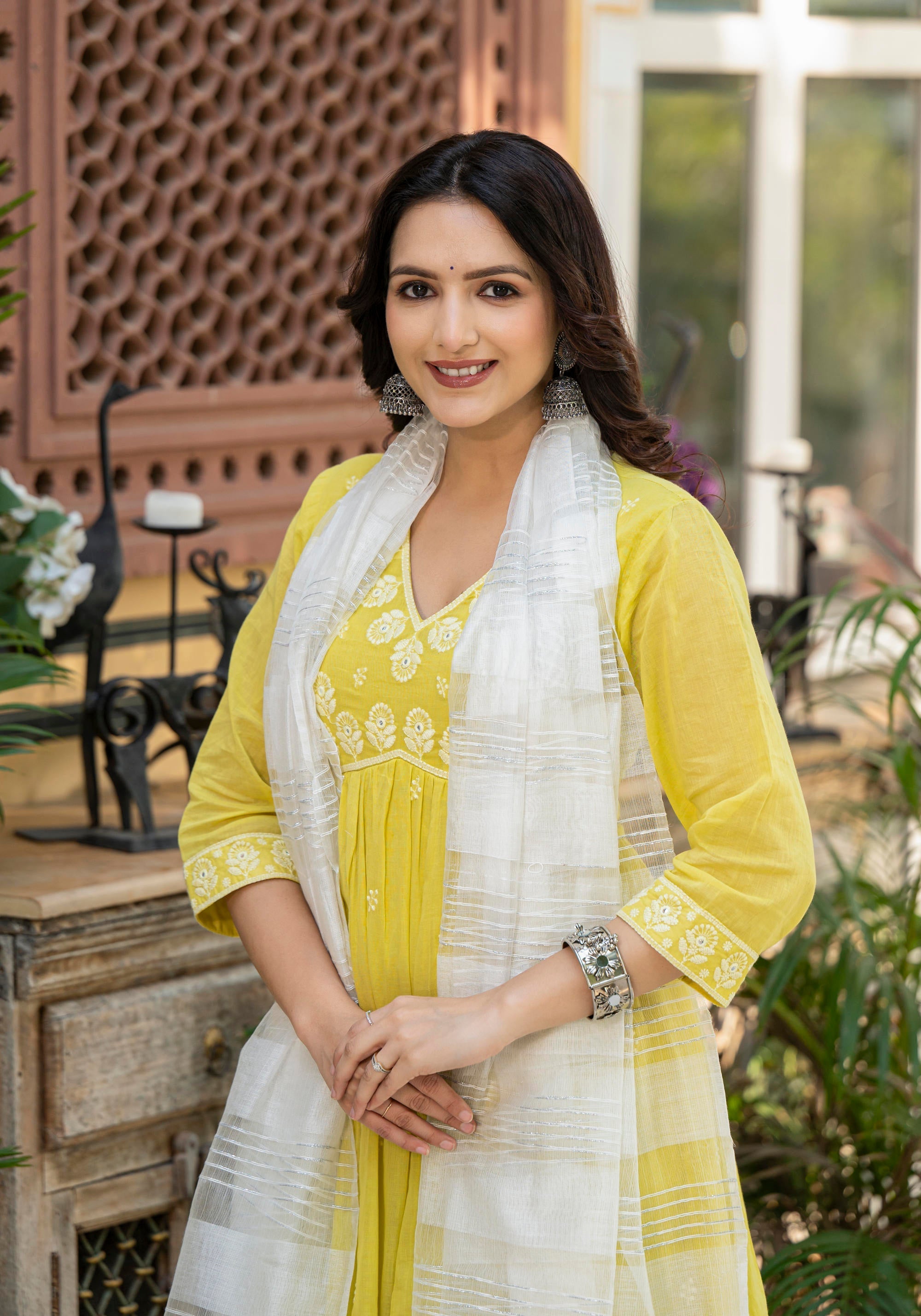 Juniper Lime Solid Cotton Kurta Pant And Dupatta Set With Thread & Mirror Work - Distacart