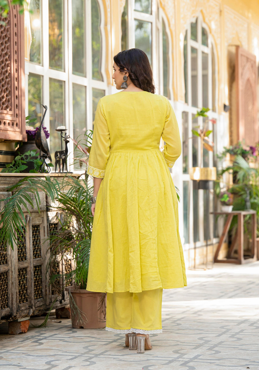 Juniper Lime Solid Cotton Kurta Pant And Dupatta Set With Thread & Mirror Work - Distacart