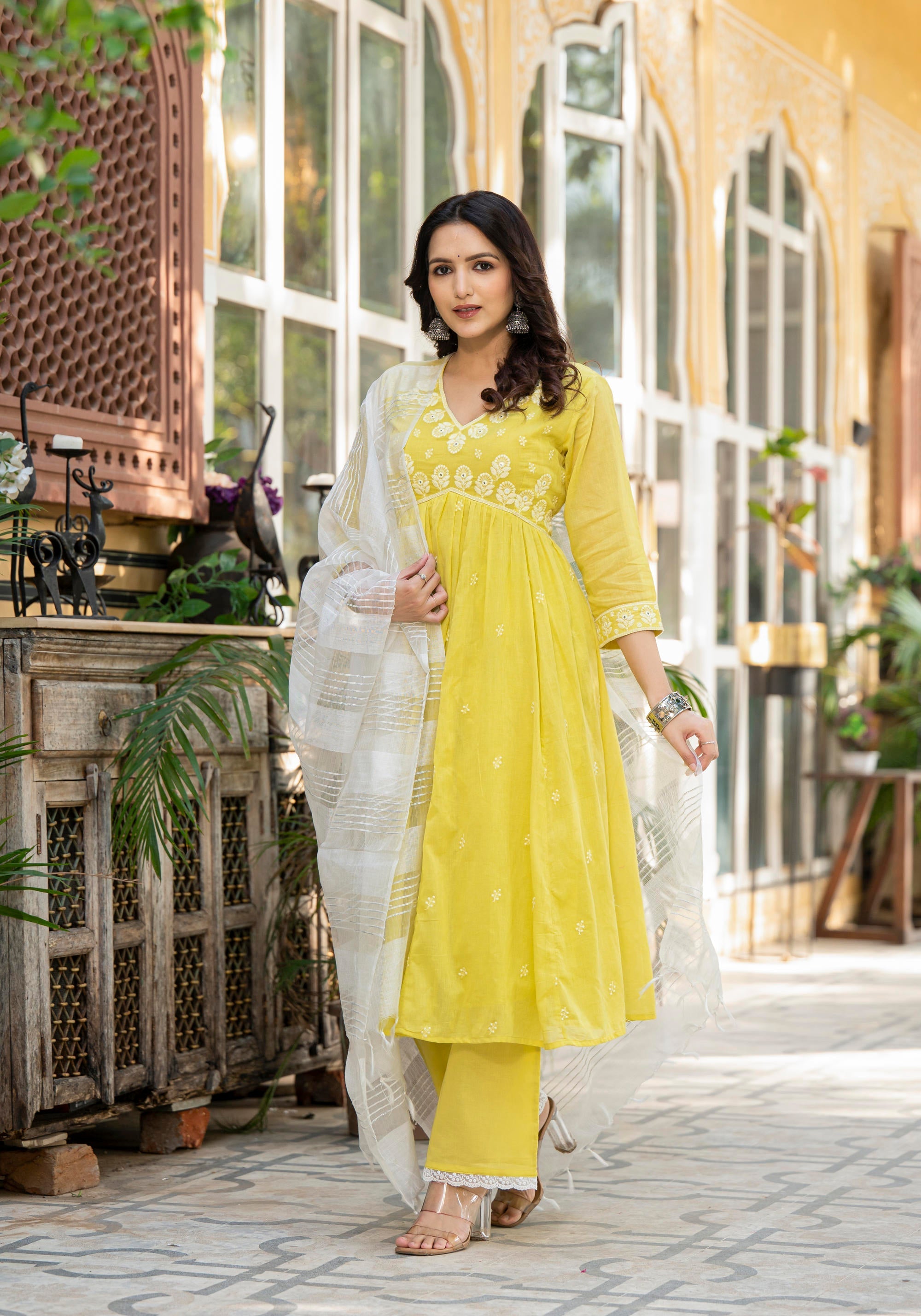 Juniper Lime Solid Cotton Kurta Pant And Dupatta Set With Thread & Mirror Work - Distacart