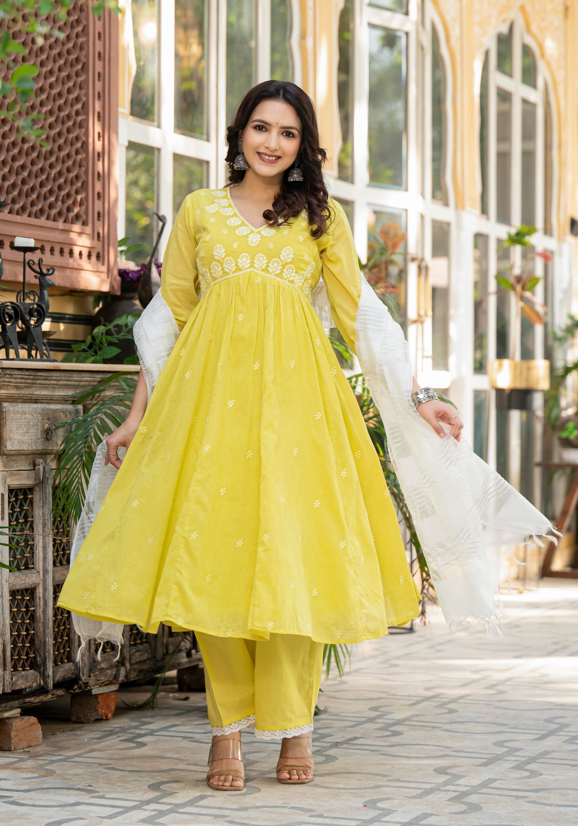 Juniper Lime Solid Cotton Kurta Pant And Dupatta Set With Thread & Mirror Work - Distacart