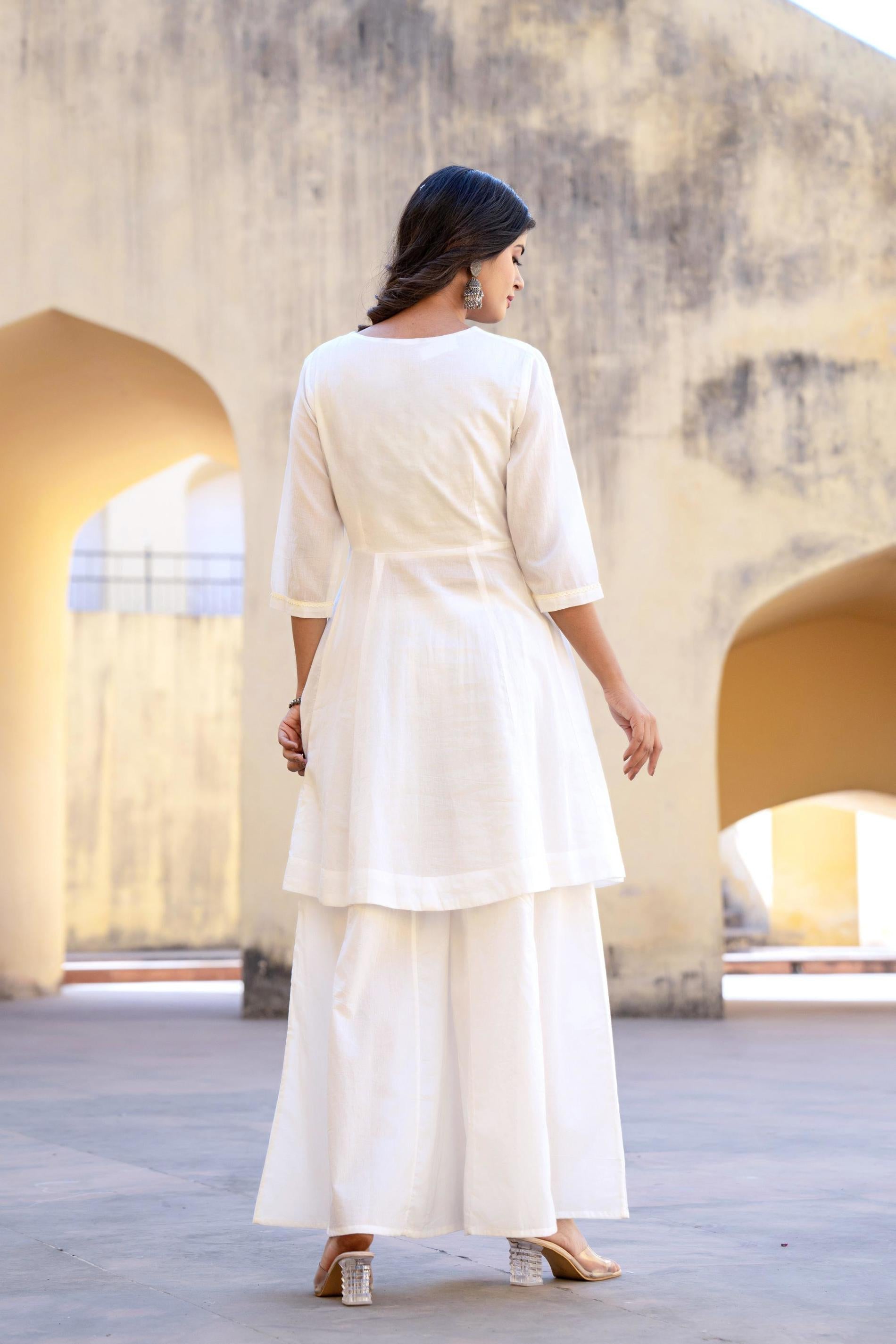 Juniper White Embroidered Anarkali Kurta Set With Palazzo & Dupatta - Distacart