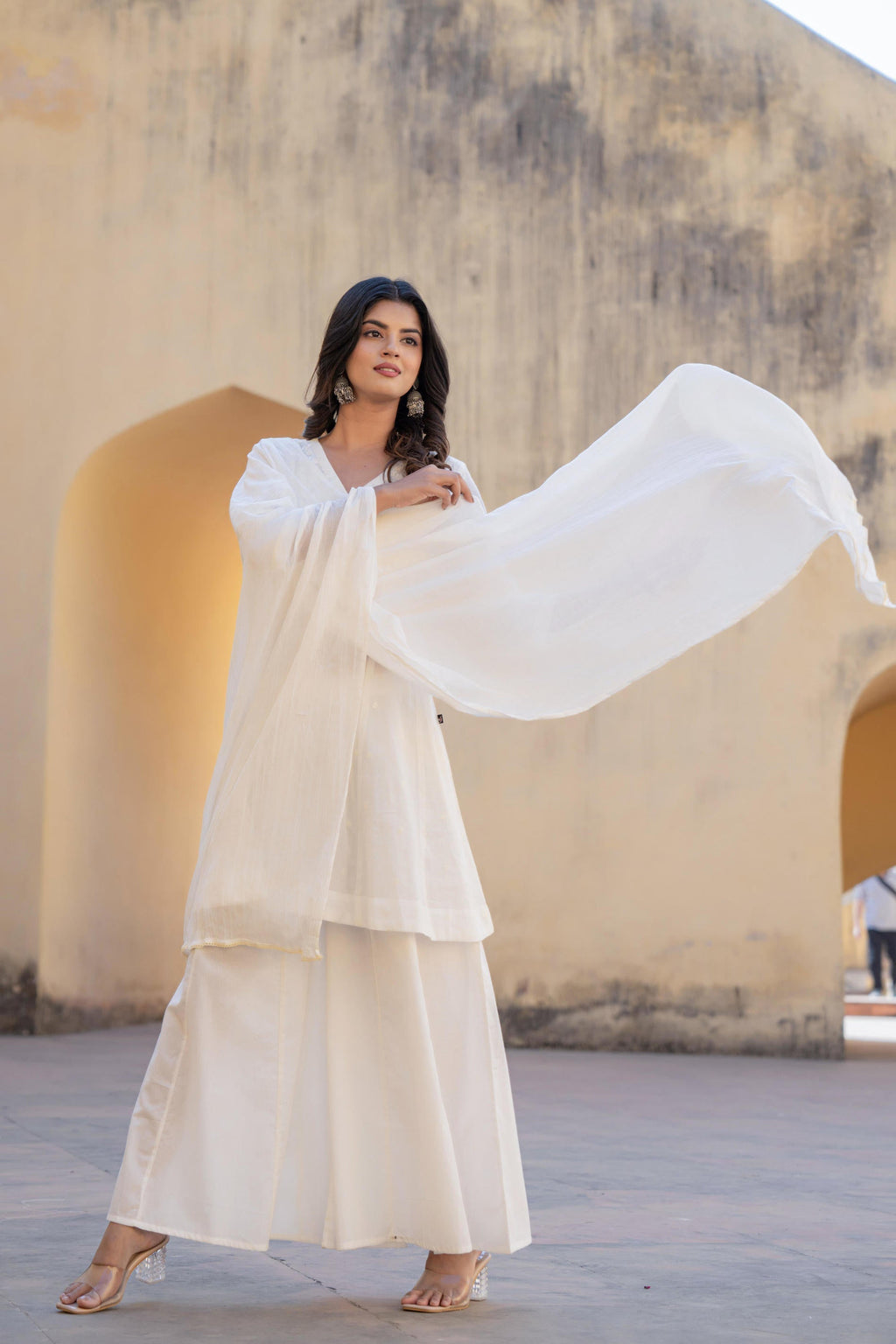 Juniper White Embroidered Anarkali Kurta Set With Palazzo & Dupatta - Distacart