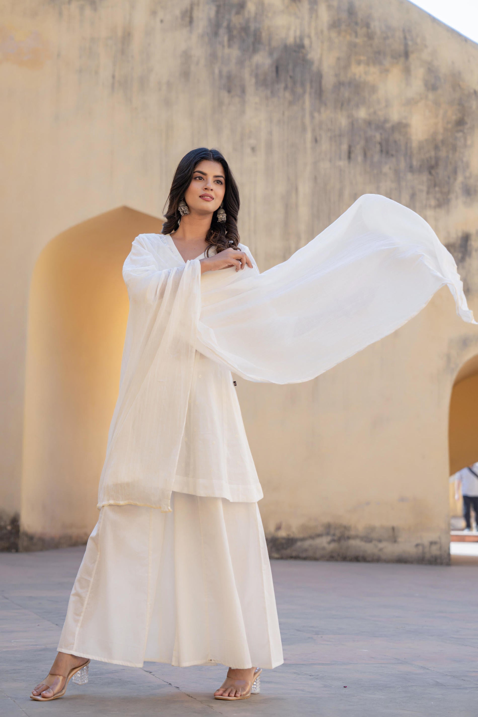 Juniper White Embroidered Anarkali Kurta Set With Palazzo & Dupatta - Distacart