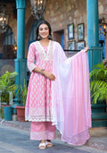 Juniper Powder Rose Pink Lace-Trim Printed Kurta Set With Dupatta - Distacart