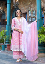 Juniper Powder Rose Pink Lace-Trim Printed Kurta Set With Dupatta - Distacart