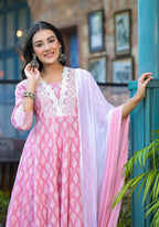 Juniper Powder Rose Pink Lace-Trim Printed Kurta Set With Dupatta - Distacart