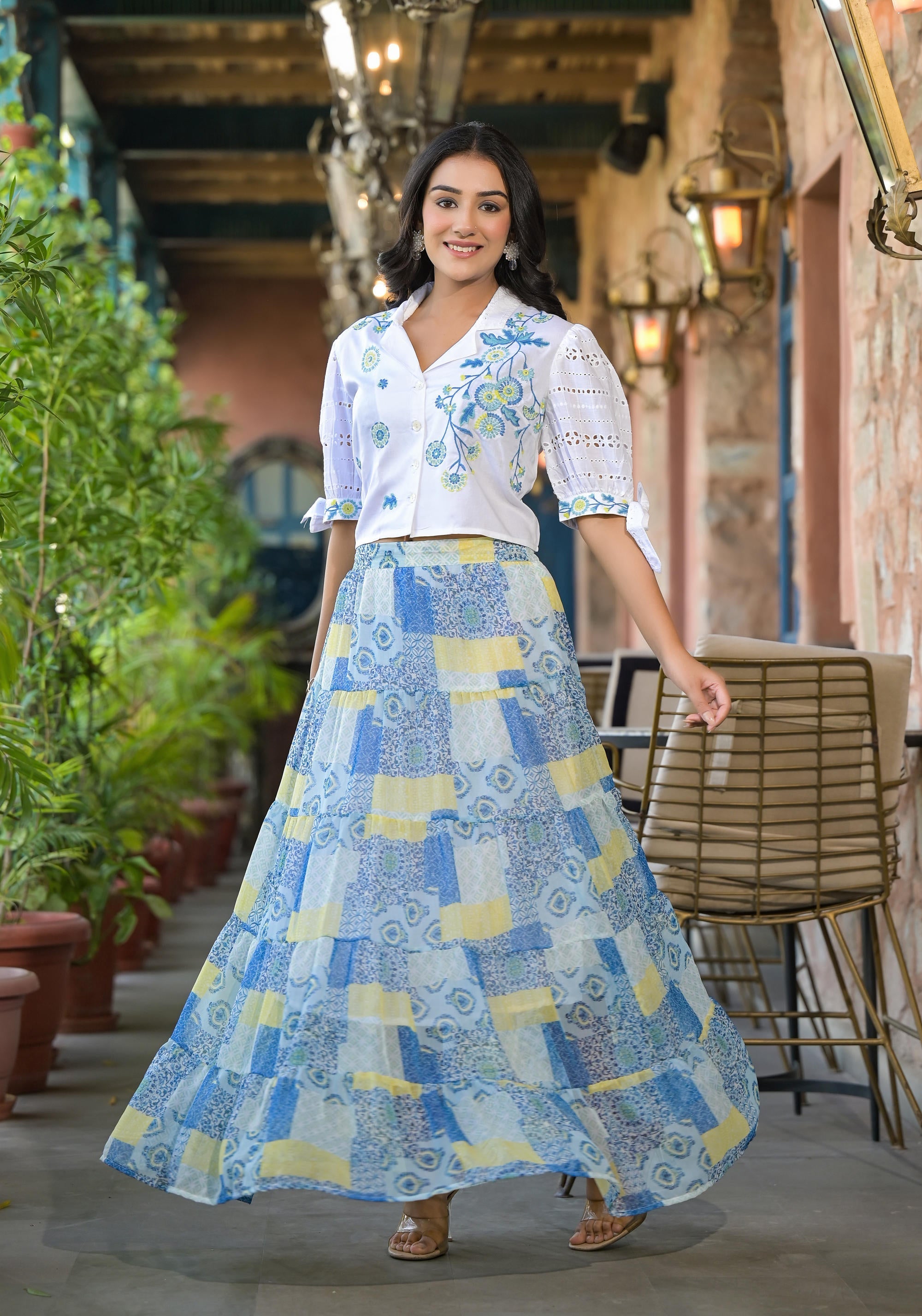 Juniper White & Blue Ethnic Motif Printed Top & Skirt With Thread Work