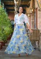 Juniper White & Blue Ethnic Motif Printed Top & Skirt With Thread Work