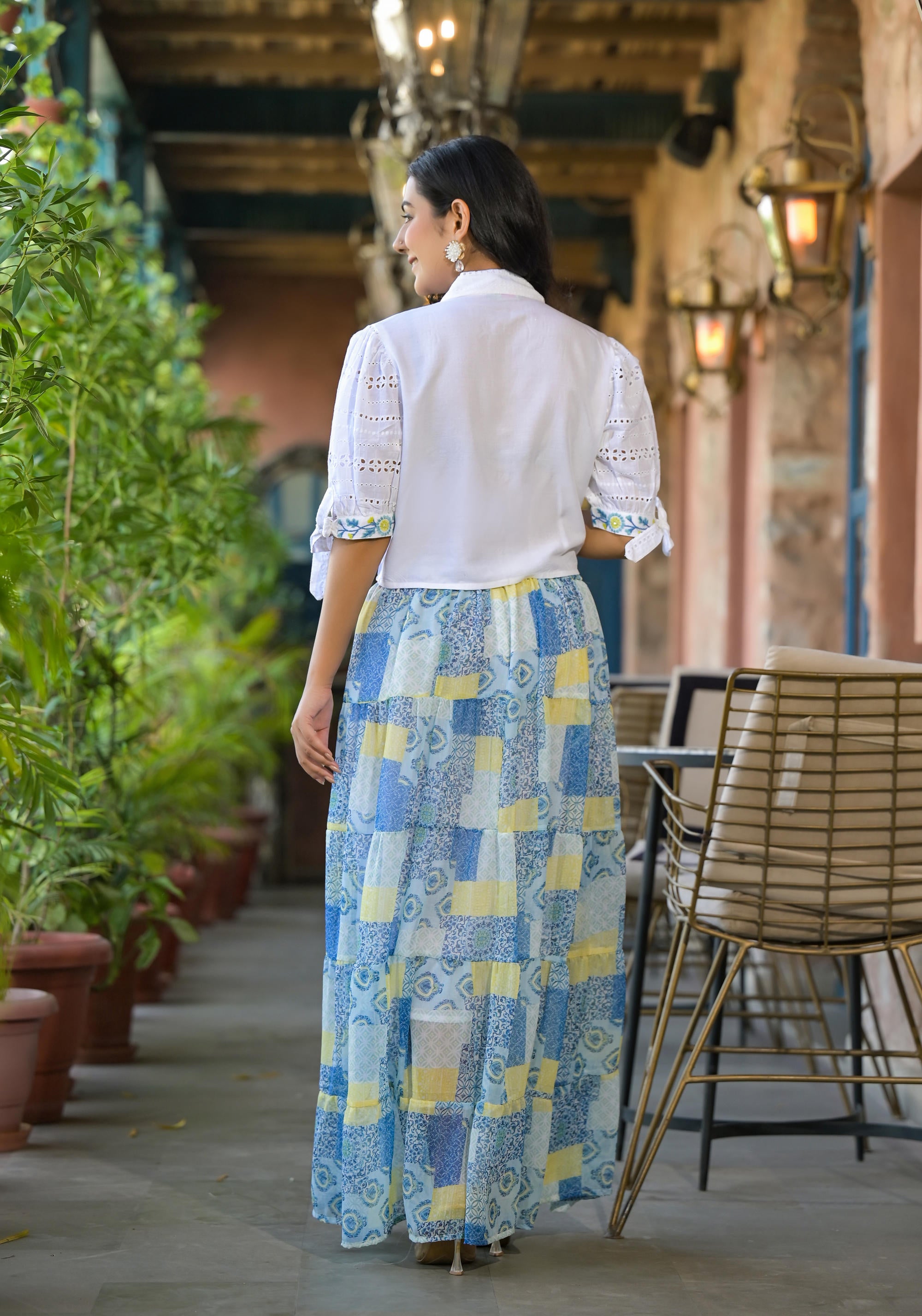 Juniper White & Blue Ethnic Motif Printed Top & Skirt With Thread Work