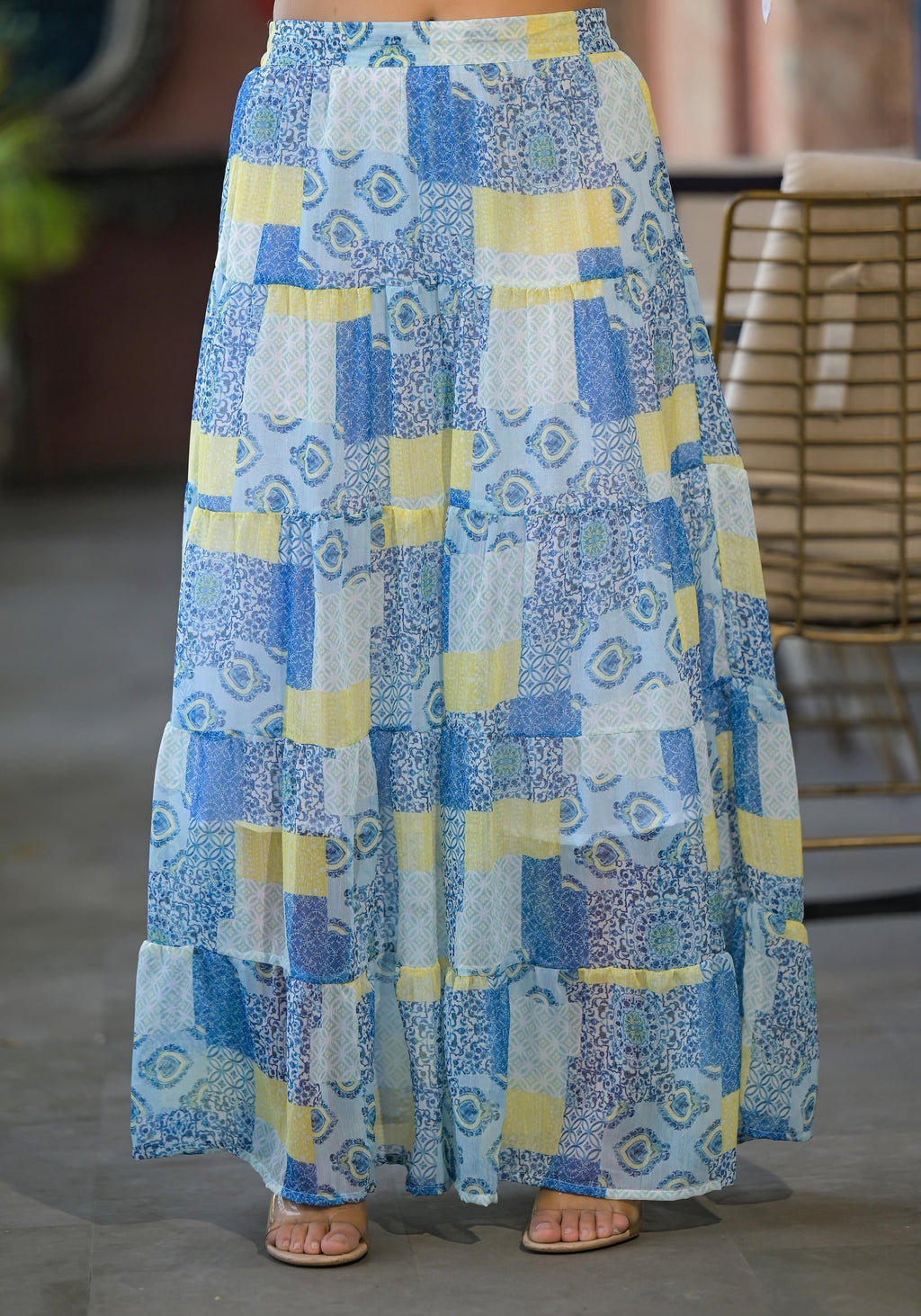 Juniper White & Blue Ethnic Motif Printed Top & Skirt With Thread Work