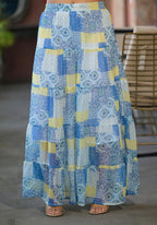 Juniper White & Blue Ethnic Motif Printed Top & Skirt With Thread Work