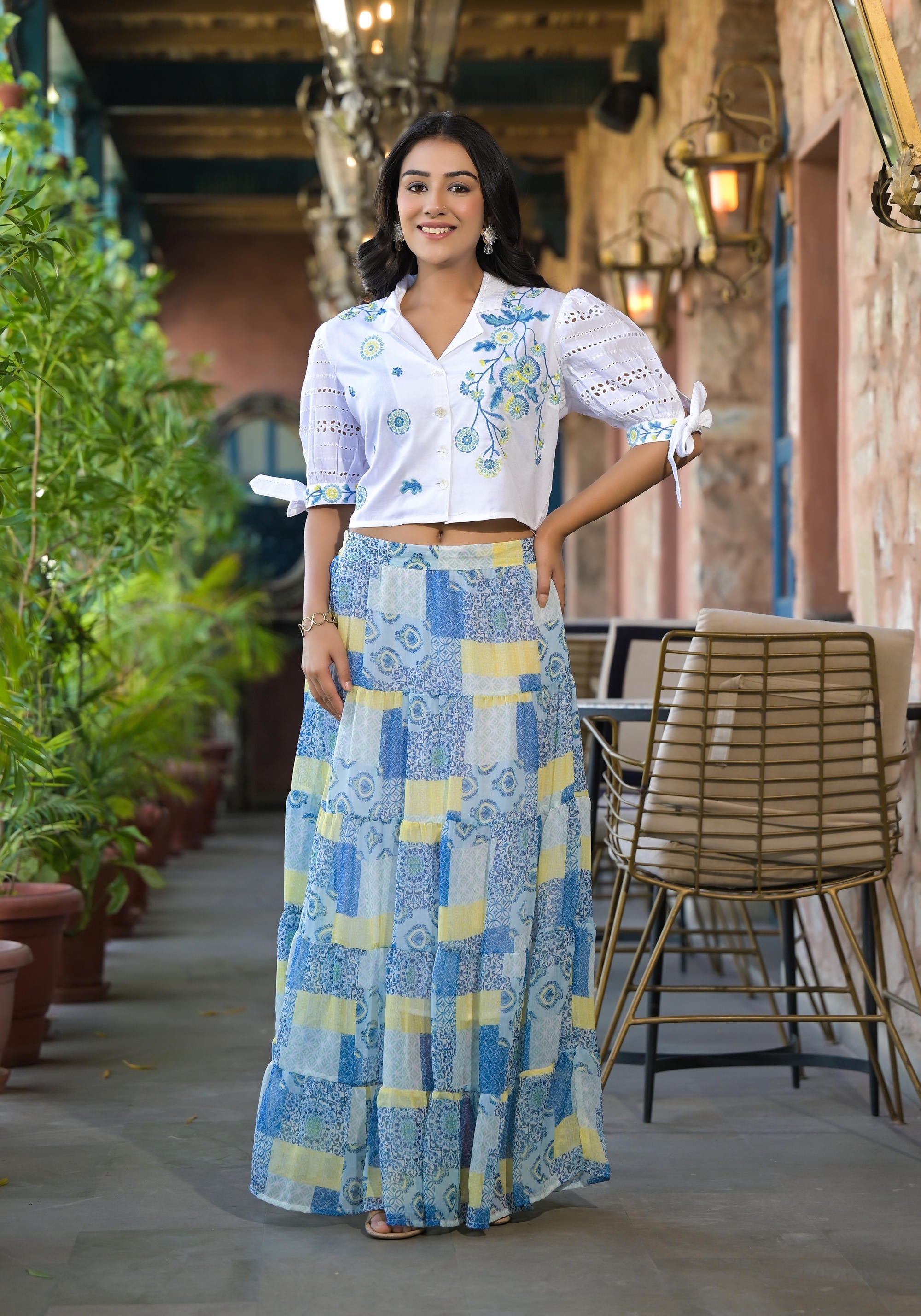 Juniper White & Blue Ethnic Motif Printed Top & Skirt With Thread Work