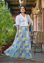 Juniper White & Blue Ethnic Motif Printed Top & Skirt With Thread Work