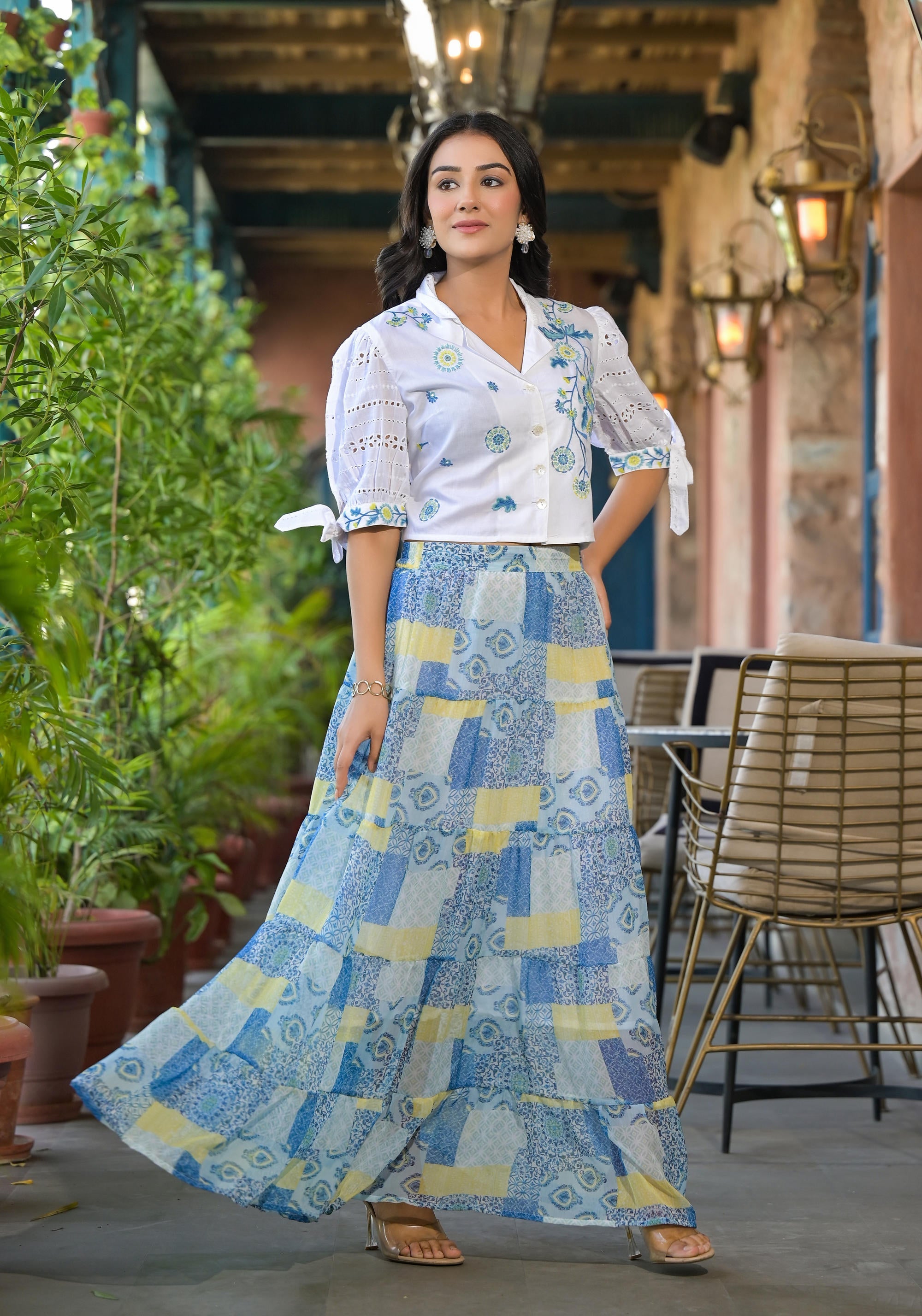 Juniper White & Blue Ethnic Motif Printed Top & Skirt With Thread Work