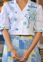 Juniper White & Blue Ethnic Motif Printed Top & Skirt With Thread Work