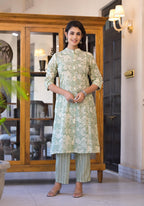 Juniper Sage Green Floral Printed Straight Kurta Set - Distacart