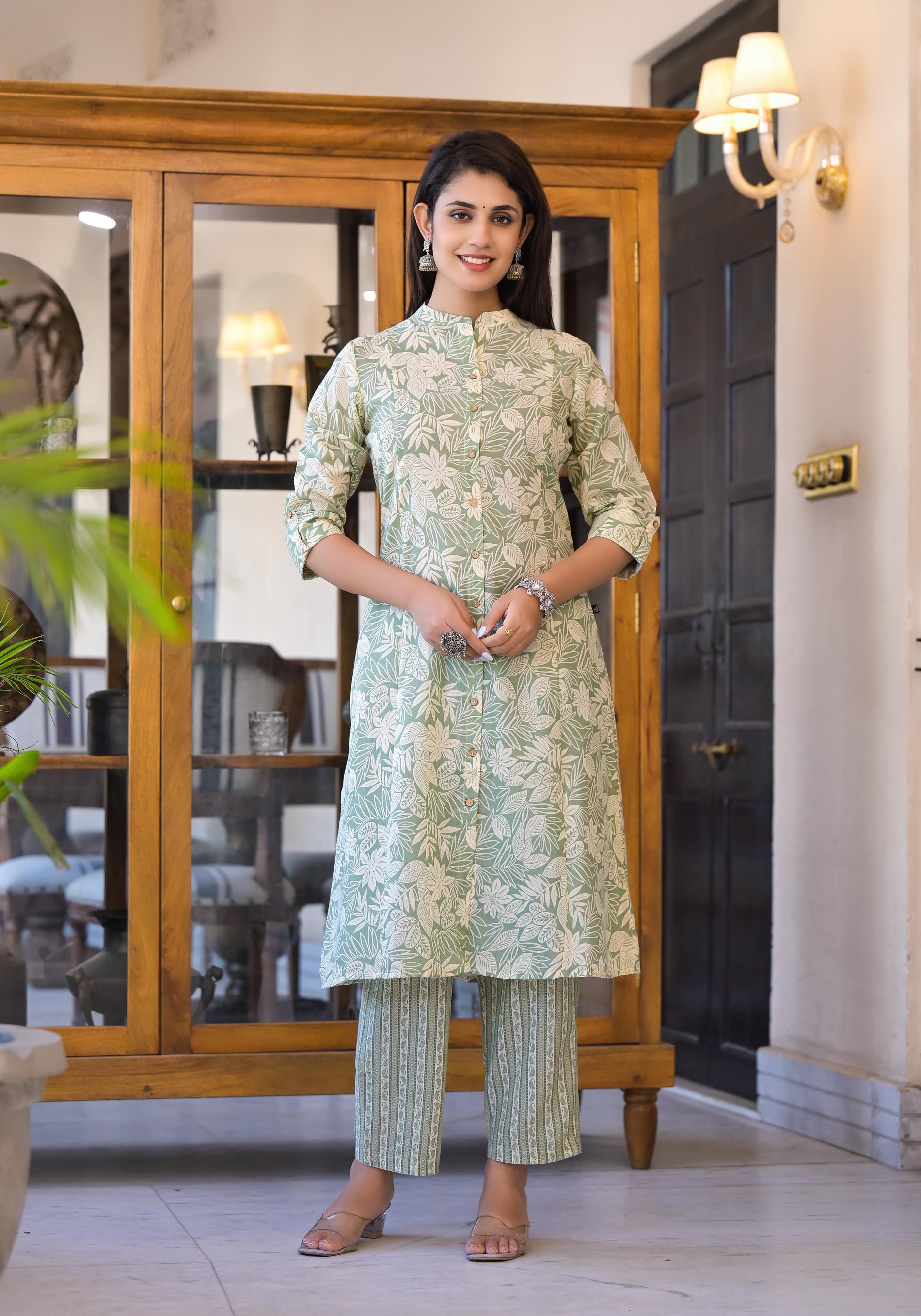 Juniper Sage Green Floral Printed Straight Kurta Set - Distacart