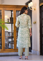 Juniper Sage Green Floral Printed Straight Kurta Set - Distacart