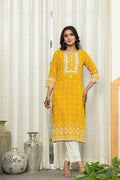Juniper Mustard Ethnic Motif Printed Viscose Kurta With Lace - Distacart