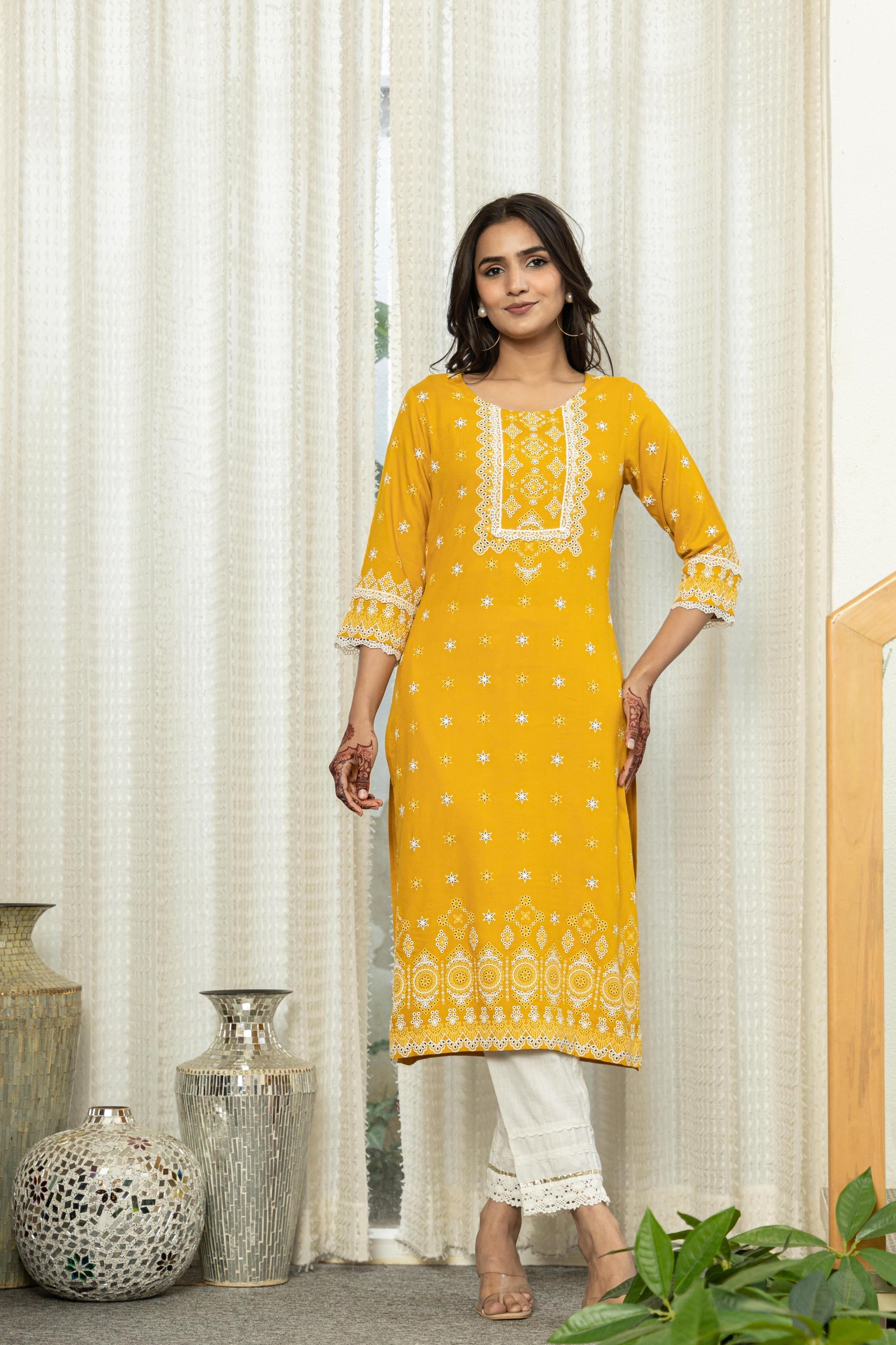 Juniper Mustard Ethnic Motif Printed Viscose Kurta With Lace - Distacart