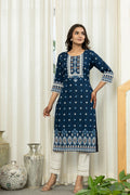 Juniper Navy Ethnic Motif Printed Viscose Kurta With Lace - Distacart