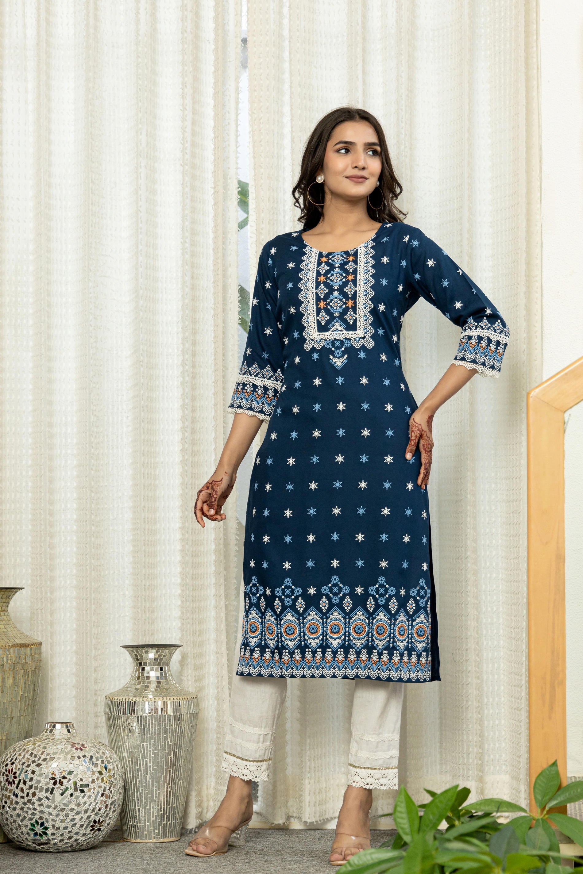 Juniper Navy Ethnic Motif Printed Viscose Kurta With Lace - Distacart