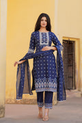 Juniper Navy Ethnic Motif Printed Viscose Kurta Pant And Dupatta Set With Sequins & Lace - Distacart