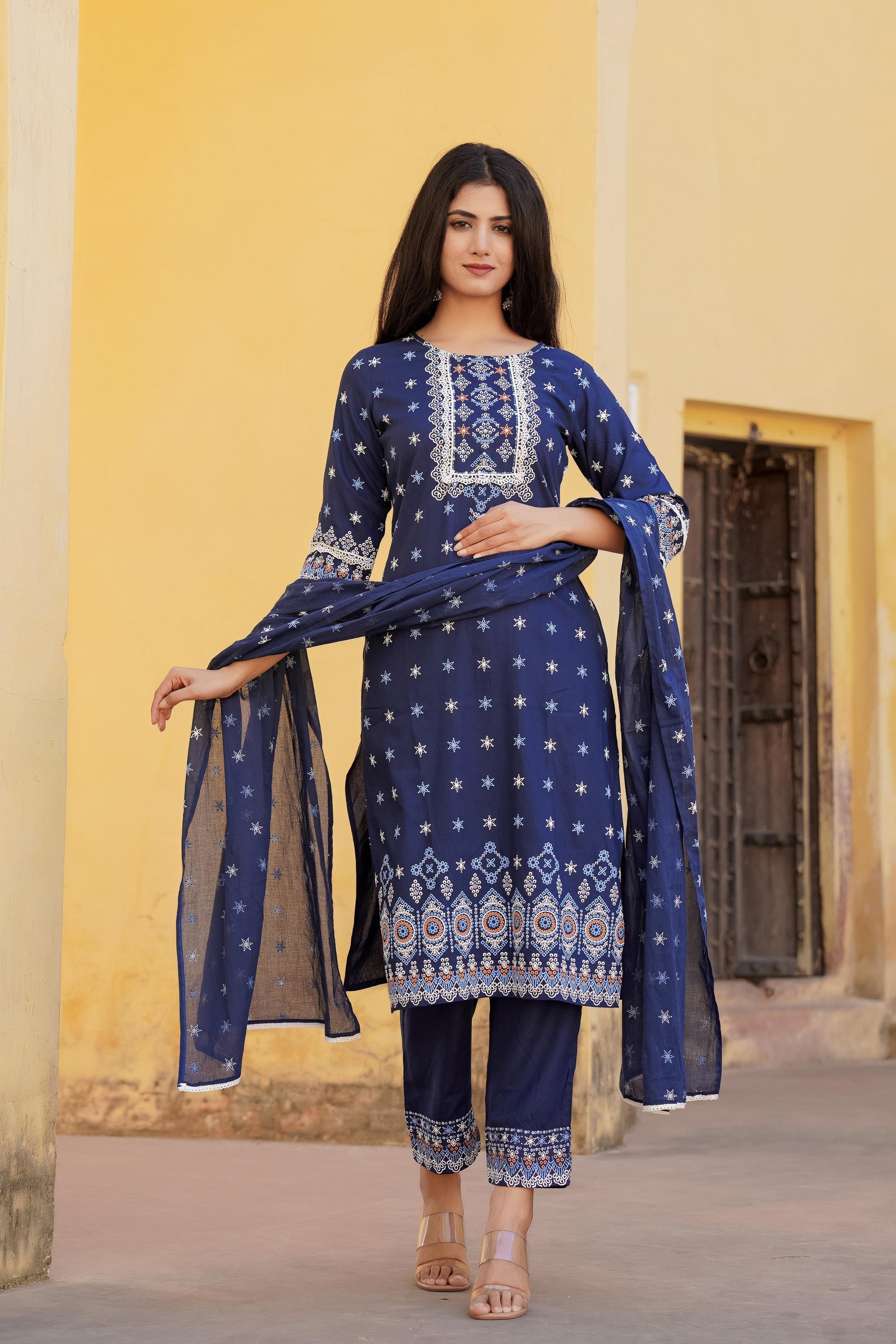 Juniper Navy Ethnic Motif Printed Viscose Kurta Pant And Dupatta Set With Sequins & Lace - Distacart