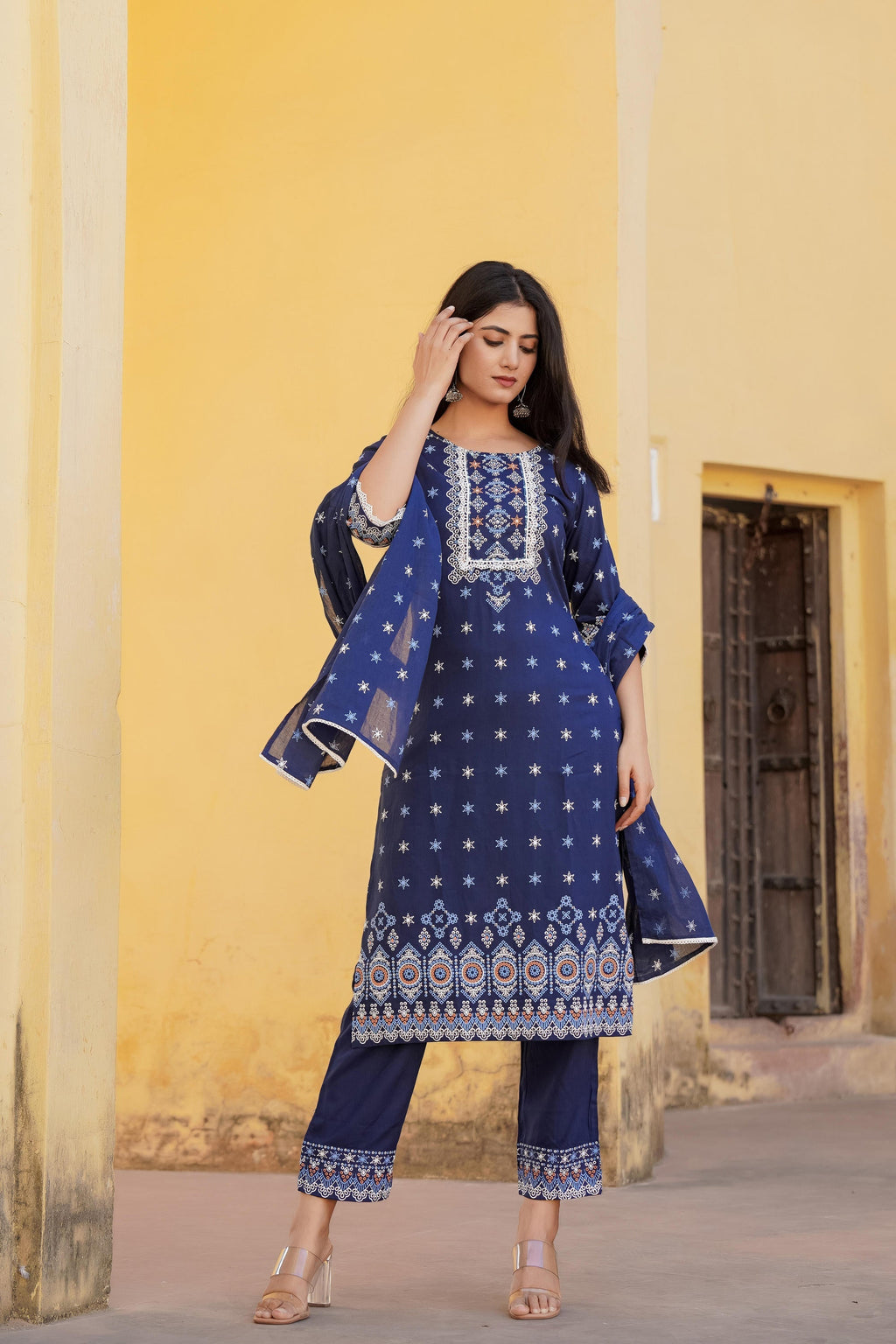 Juniper Navy Ethnic Motif Printed Viscose Kurta Pant And Dupatta Set With Sequins & Lace - Distacart