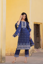 Juniper Navy Ethnic Motif Printed Viscose Kurta Pant And Dupatta Set With Sequins & Lace - Distacart