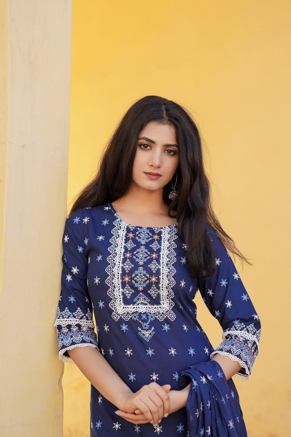 Juniper Navy Ethnic Motif Printed Viscose Kurta Pant And Dupatta Set With Sequins & Lace - Distacart