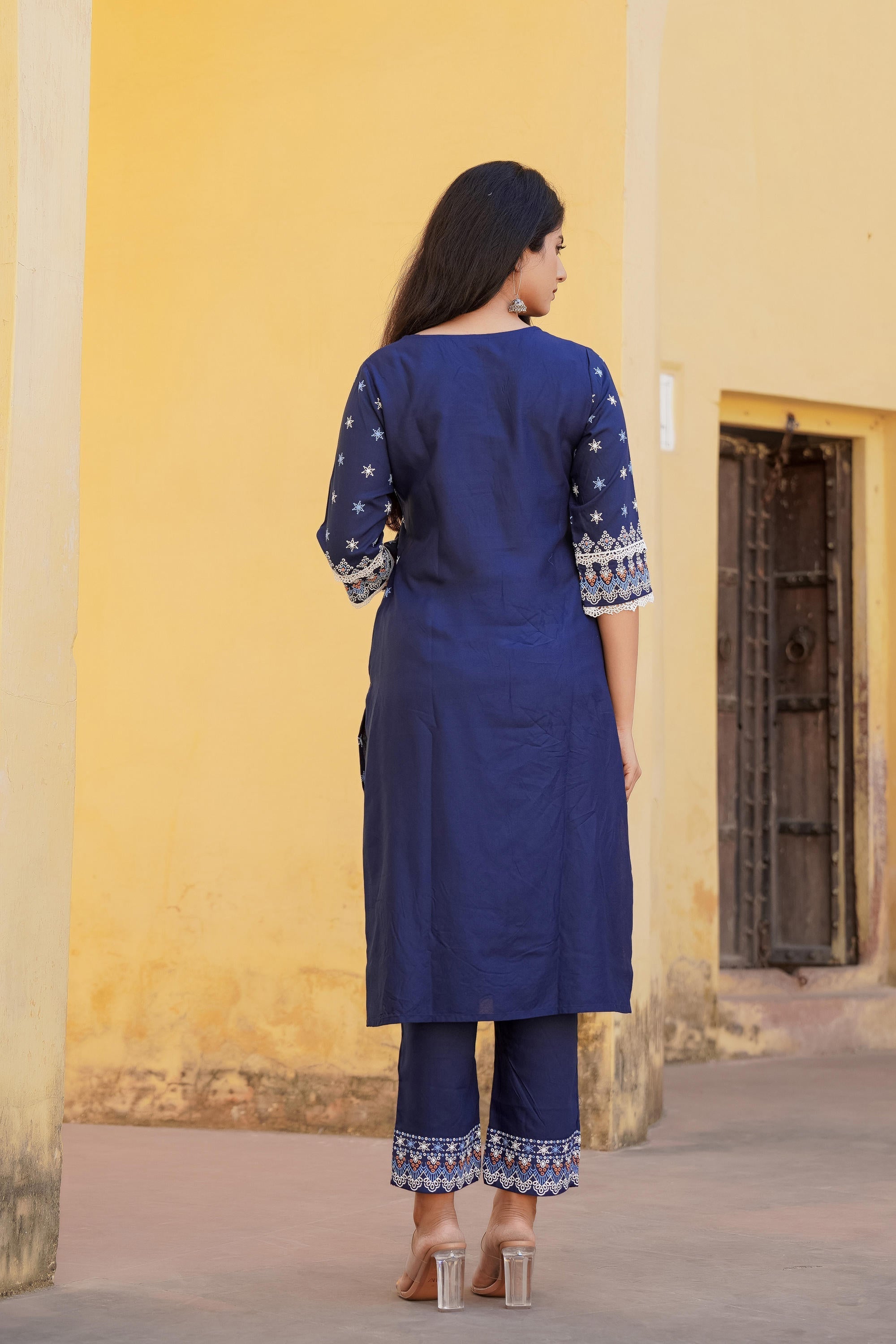Juniper Navy Ethnic Motif Printed Viscose Kurta Pant And Dupatta Set With Sequins & Lace - Distacart