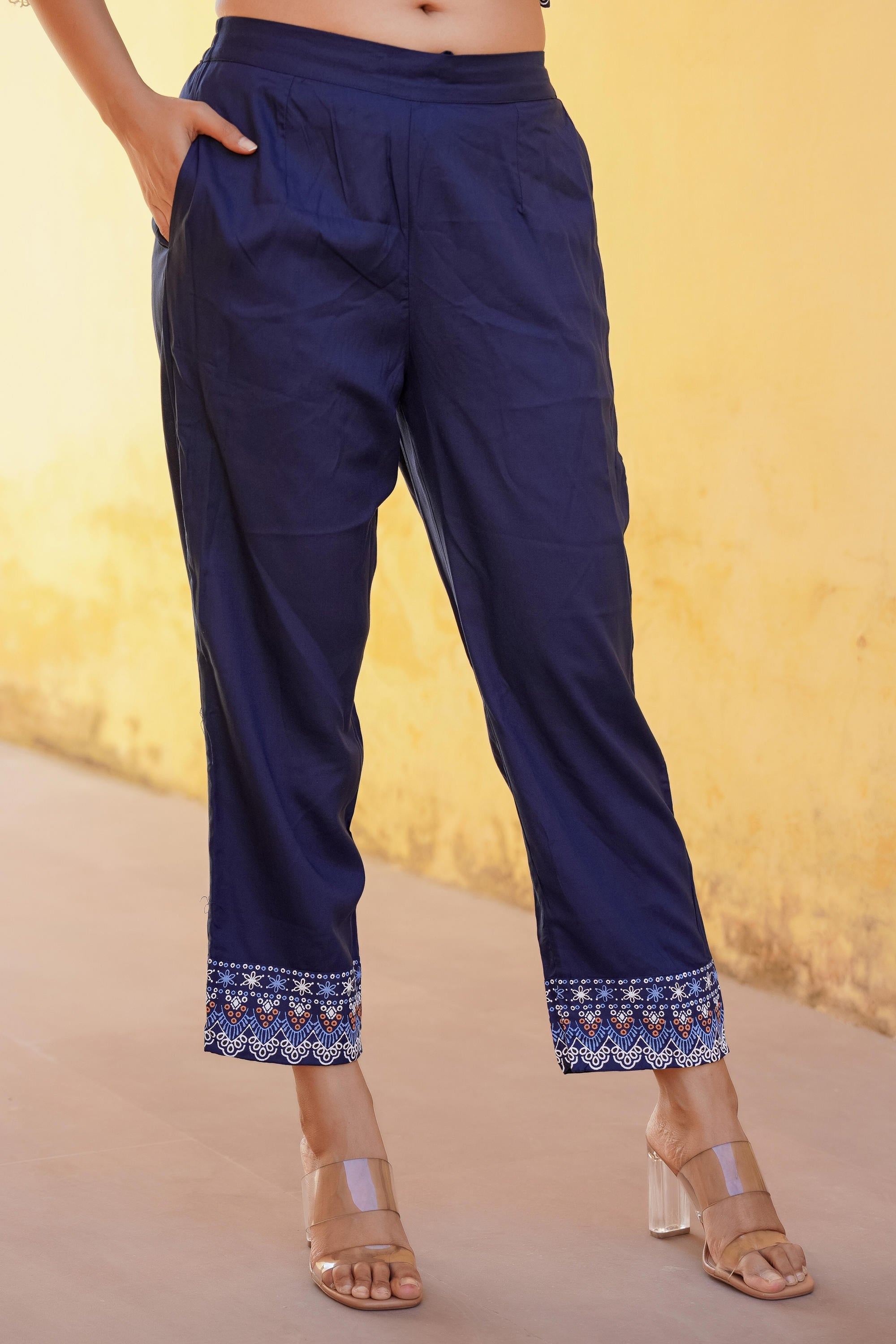 Juniper Navy Ethnic Motif Printed Viscose Kurta Pant And Dupatta Set With Sequins & Lace - Distacart